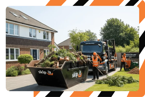 Wait and load skip truck outside home renovation